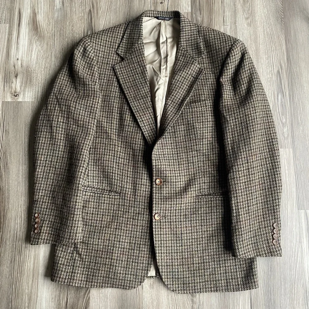 Vintage Chaps Ralph Lauren Tweed Blazer Suit Jacket Sz 44 Brown Houndstooth Wool
